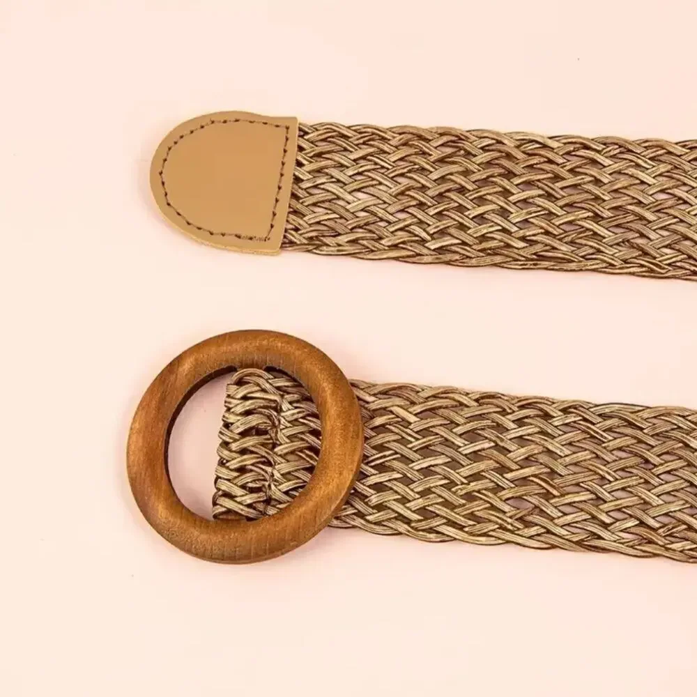 Classic Round Buckle Vegan Straw Belt Boho Brown Braided Wide Belt Fix Size S-L